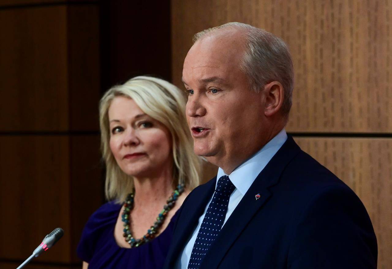Conservative Leader Erin O’Toole introduces his Deputy Leader Candice Bergen as they holda a press conference on Parliament Hill in Ottawa Wednesday, Sept. 2, 2020. THE CANADIAN PRESS/Sean Kilpatrick