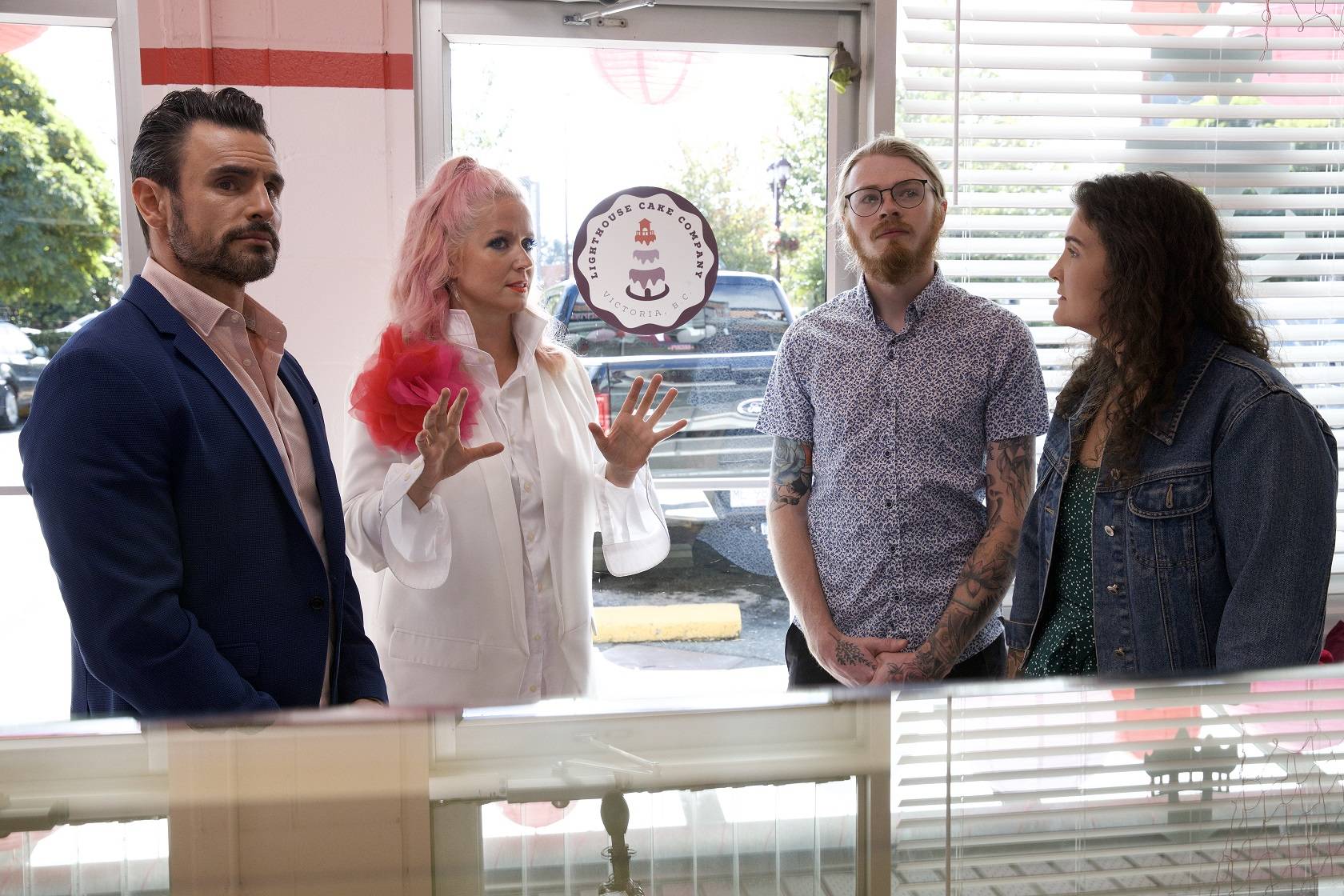 Renowned pastry chef Steve Hodge and design guru Tiffany Pratt from the Food Network’s Project Bakeover discuss design ideas with Lighthouse Cake Company owners Vikki Smith and Richard Martin. (Photo courtesy of Food Network Canada)