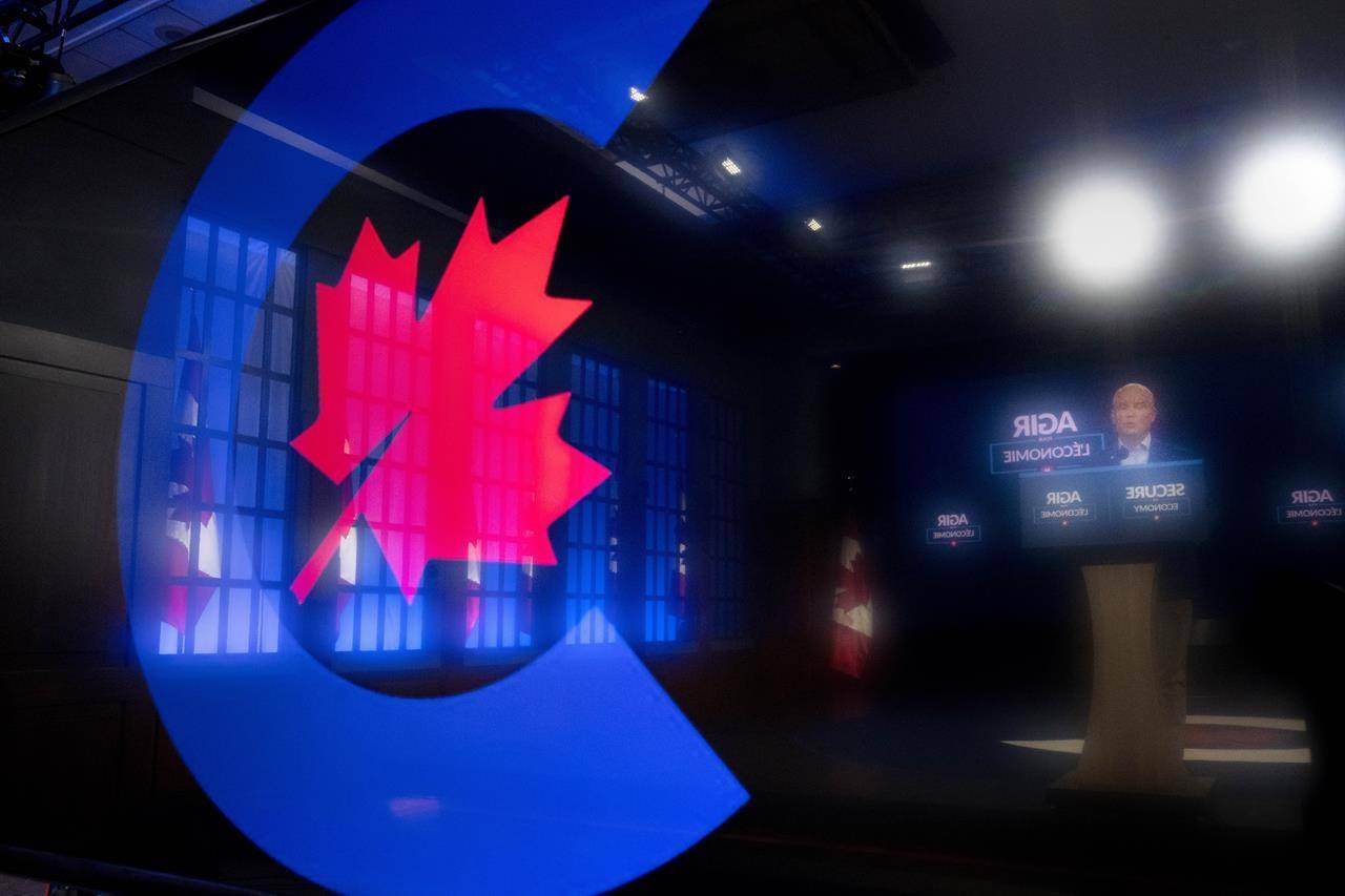 Conservative Leader Erin O’Toole is reflected in the Conservative Party logo on his teleprompter as speaks to the media on Tuesday, Aug. 31, 2021 in Ottawa. Canadians will vote in a federal election Sept. 20th. THE CANADIAN PRESS/Frank Gunn