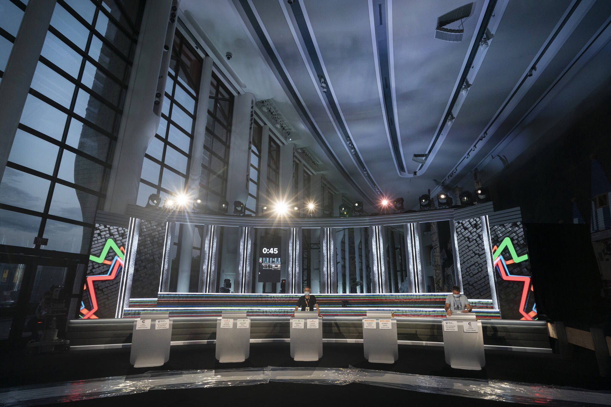 A view of the set for the French language federal election leaders’ debate is shown at the Museum of Canadian History in Gatineau, Que. on Monday, Sept.6, 2021. THE CANADIAN PRESS/HO-Radio-Canada/Ivanoh Demers