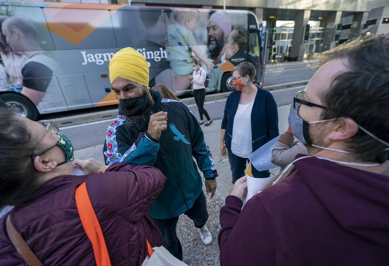 NDP Leader Jagmeet Singh makes a campaign stop in downtown Ottawa, Friday, September 10, 2021. THE CANADIAN PRESS/Jonathan Hayward