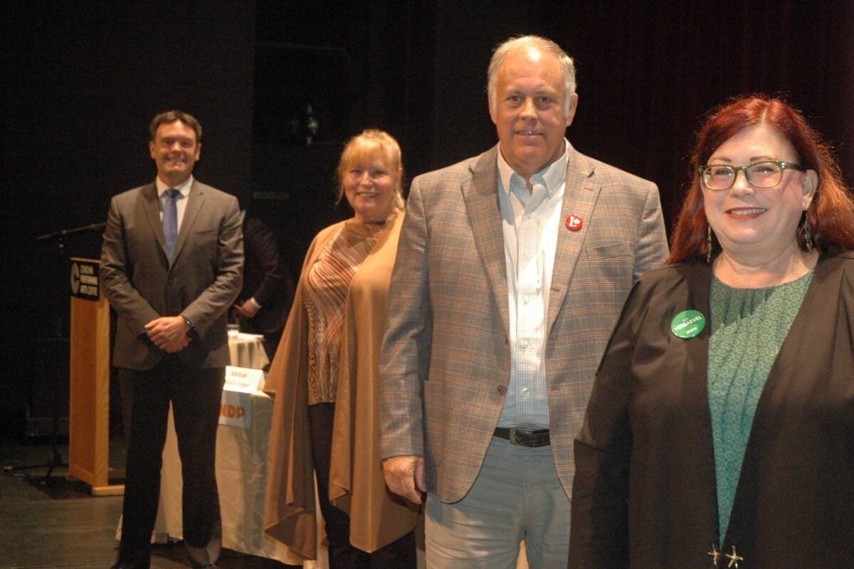 Four of the candidates for Cowichan-Malahat-Langford in the upcoming federal election participated in a candidates form on Sept. 10. Pictured from left to right are the NDP Party of Canada’s Alistair MacGregor, the Conservative Party of Canada’s Alana DeLong, the Liberal Party of Canada’s Blair Herbert, and the Green Party of Canada’s Lia Versaevel. (Robert Barron/Citizen)