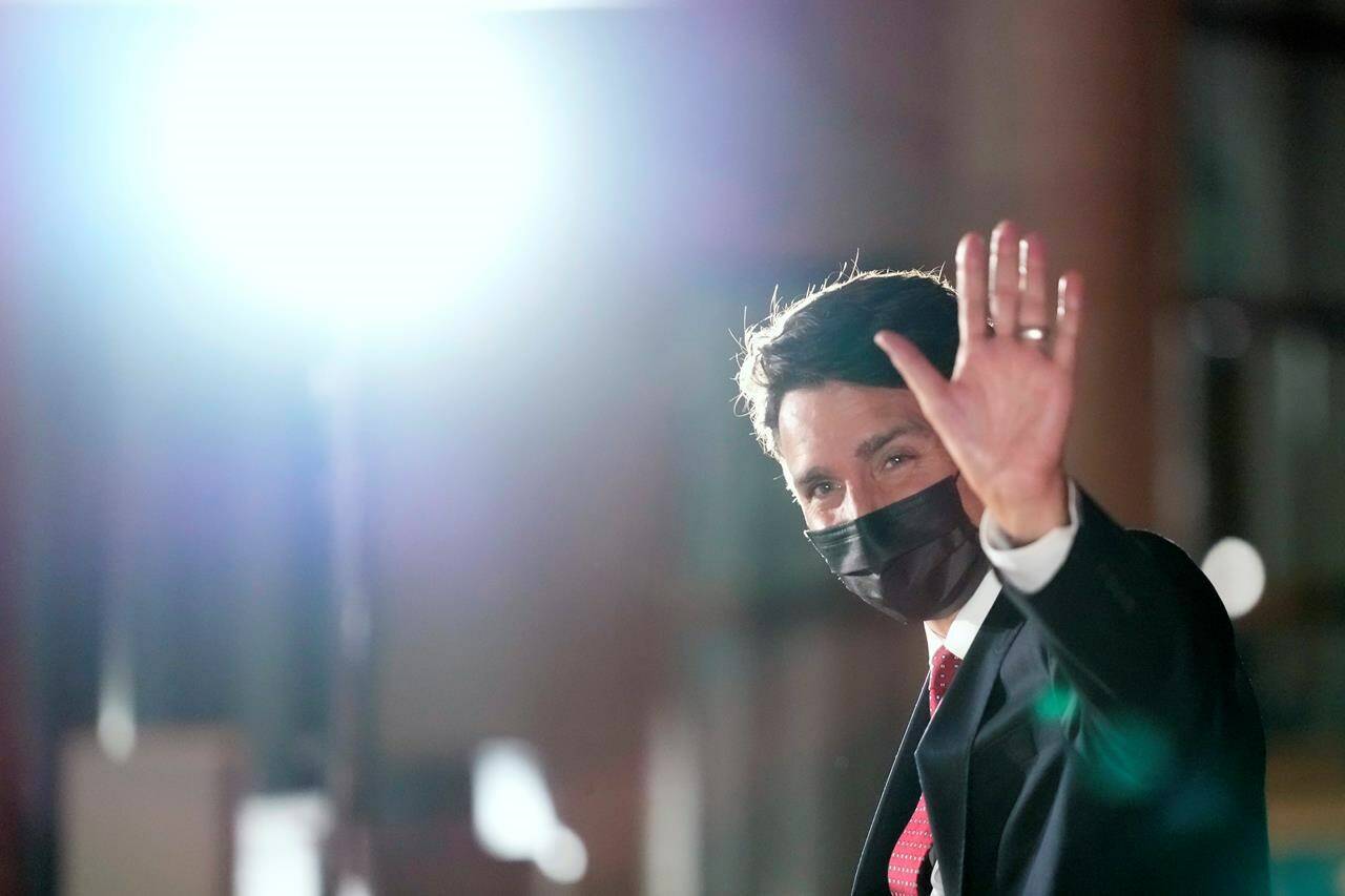 Liberal Party Leader Justin Trudeau waves to the media on arrival prior to the English language leaders’ debate, in Gatineau, Que., Tuesday, Sept. 7, 2021. Canadians will vote in a federal election on Sept. 20. THE CANADIAN PRESS/Frank Gunn