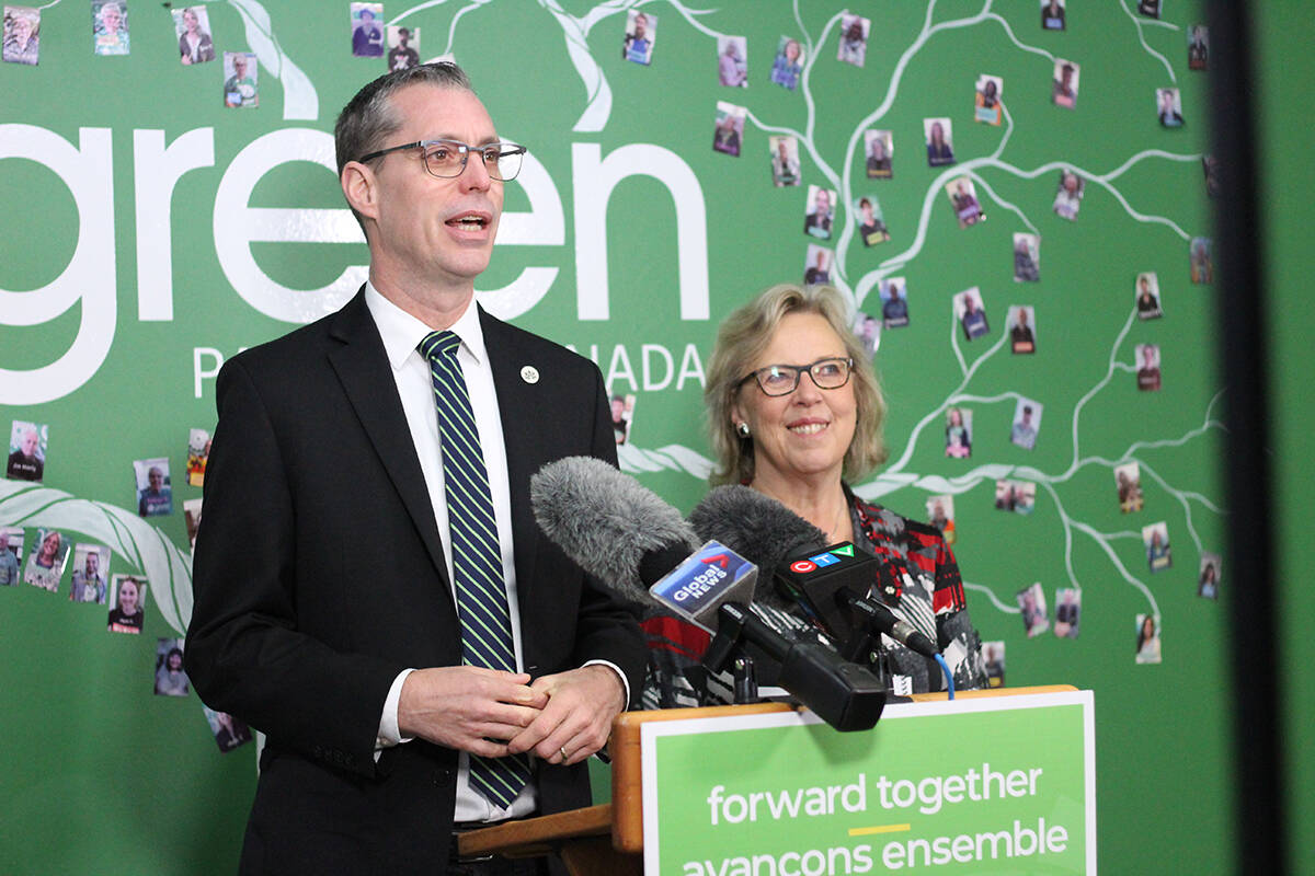 Nanaimo-Ladysmith MP Paul Manly with Green Party leader Elizabeth May in Nanaimo earlier this month. (NEWS BULLETIN file photo)
