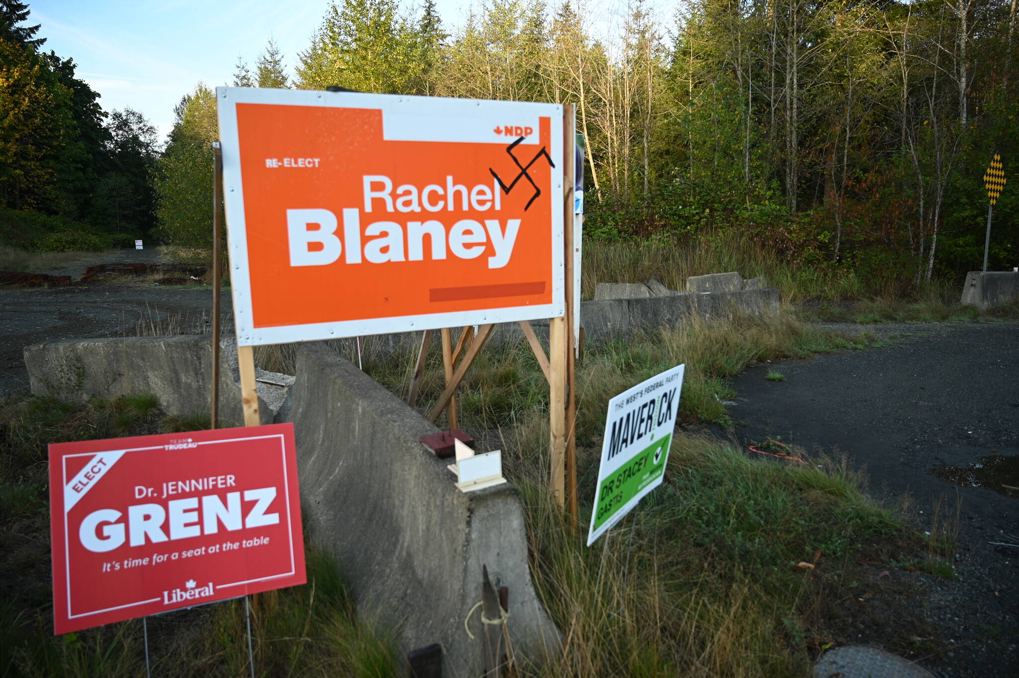 Some of NDP Candidate Rachel Blaney’s campaign signs were vandalized along Highway 19A. Photo by Sean Feagan / Campbell River Mirror