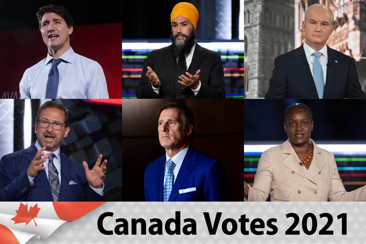 From top left: Justin Trudeau (Liberal), Jagmeet Singh (NDP), Erin O’Toole (Conservative). From bottom left: Yves-Francois Blanchet (Bloc Quebecois), Maxime Bernier (PPC), Annamie Paul (Green). (Canadian Press photos)