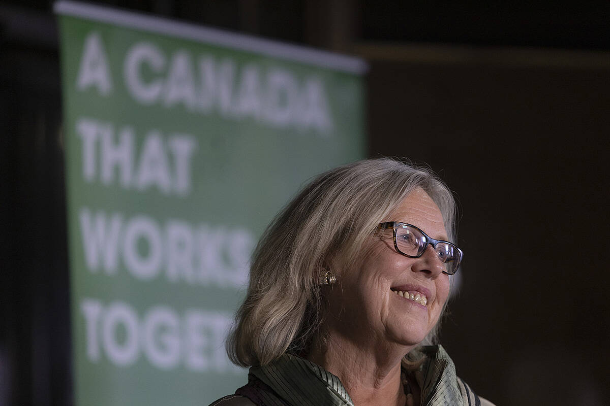 Elizabeth May at the Green Party headquarters in Saanich. (Arnold Lim/Black Press Media)