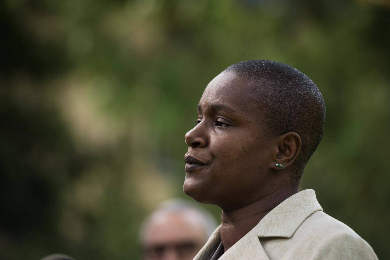 Annamie Paul speaks to the media during a press conference announcing she is officially stepping down as Green Party leader, at Suydam Park in Toronto on September 27, 2021. THE CANADIAN PRESS/Tijana Martin