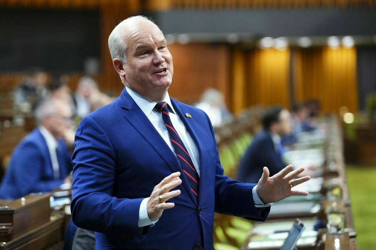 Conservative MP and former Conservative leader Erin O’Toole is given a standing ovation as he delivers his final speech in the House of Commons on Parliament Hill in Ottawa, Monday, June 12, 2023. THE CANADIAN PRESS/Sean Kilpatrick