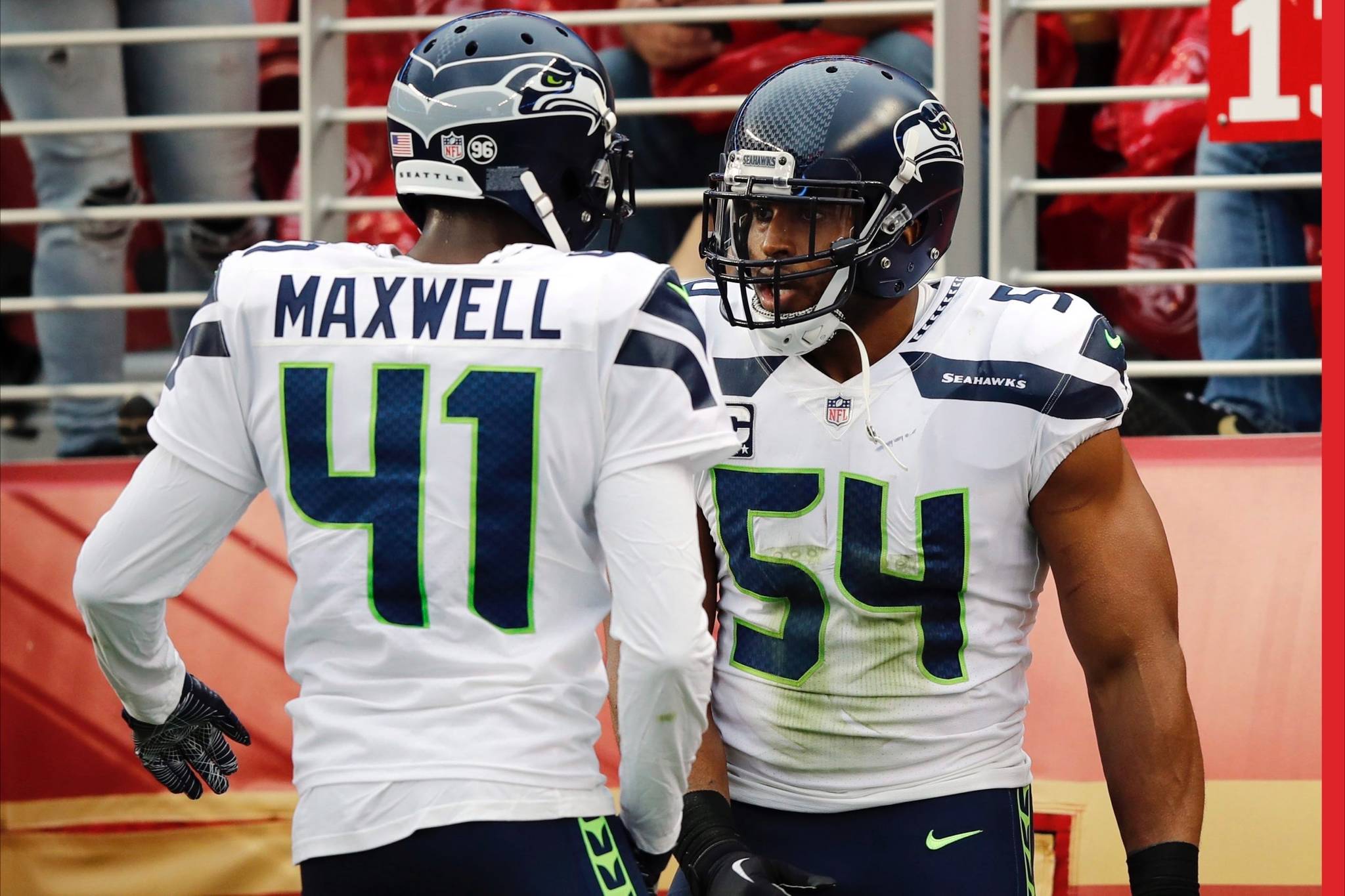 Seattle Seahawks middle linebacker Bobby Wagner (54) celebrates after intercepting a pass with teammate Byron Maxwell (41) during the first half of an NFL football game against the San Francisco 49ers Sunday, Nov. 26, 2017, in Santa Clara, Calif. (AP Photo/John Hefti)