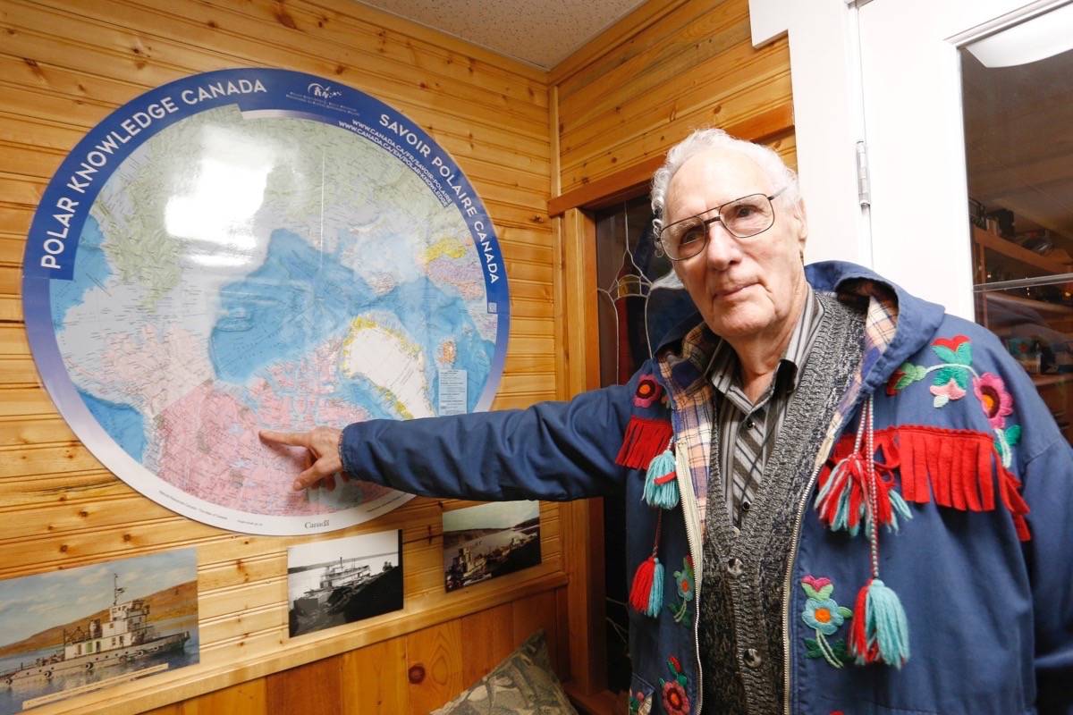 Adam Kveton/PQ News                                Hugh Kroetsch points to the area of the Arctic that he used to sail in while working for the Hudson’s Bay Company in the early 1950s. A documentary is premiering this week on his experiences, and a recent return-trip up North.