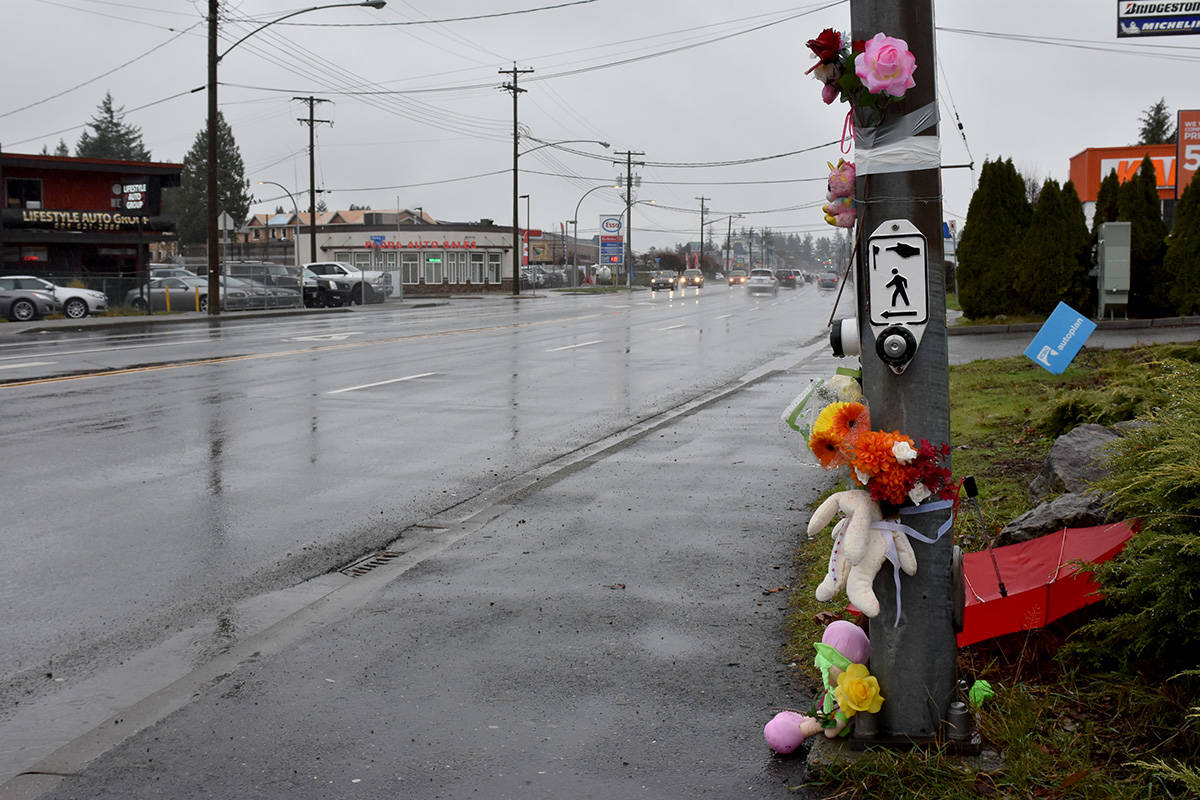 People have left stuffed animals and flowers at the intersection where a nine-year-old girl was struck by a bus Friday morning. Kelvin Gawley/Abbotsford News