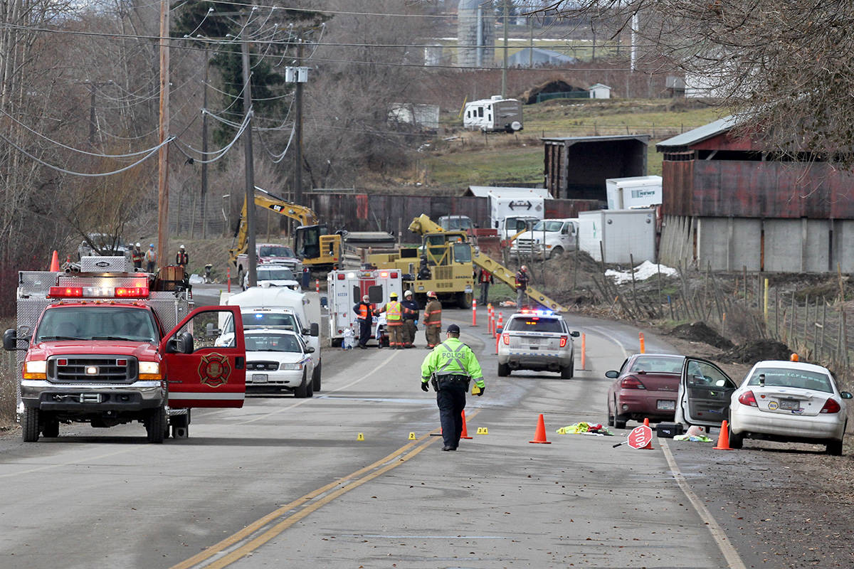 A flag person was struck by a vehicle on Highway 6 in Lavington at 10 am Friday morning. (Lisa VanderVelde/Morning Star)