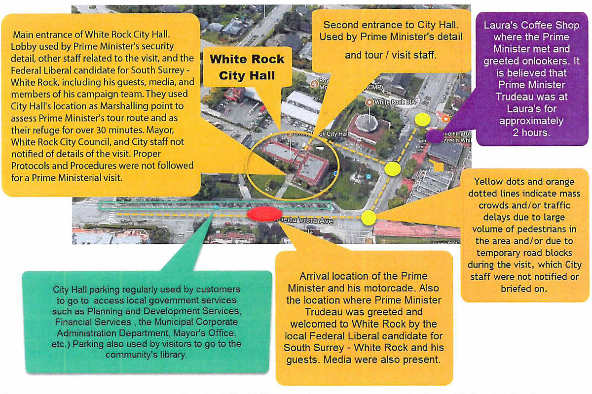 A map Mayor Wayne Baldwin sent to Prime Minister Justin Trudeau detailing the prime minister’s visit and providing examples of how protocols were not followed. (City of White Rock graphic)