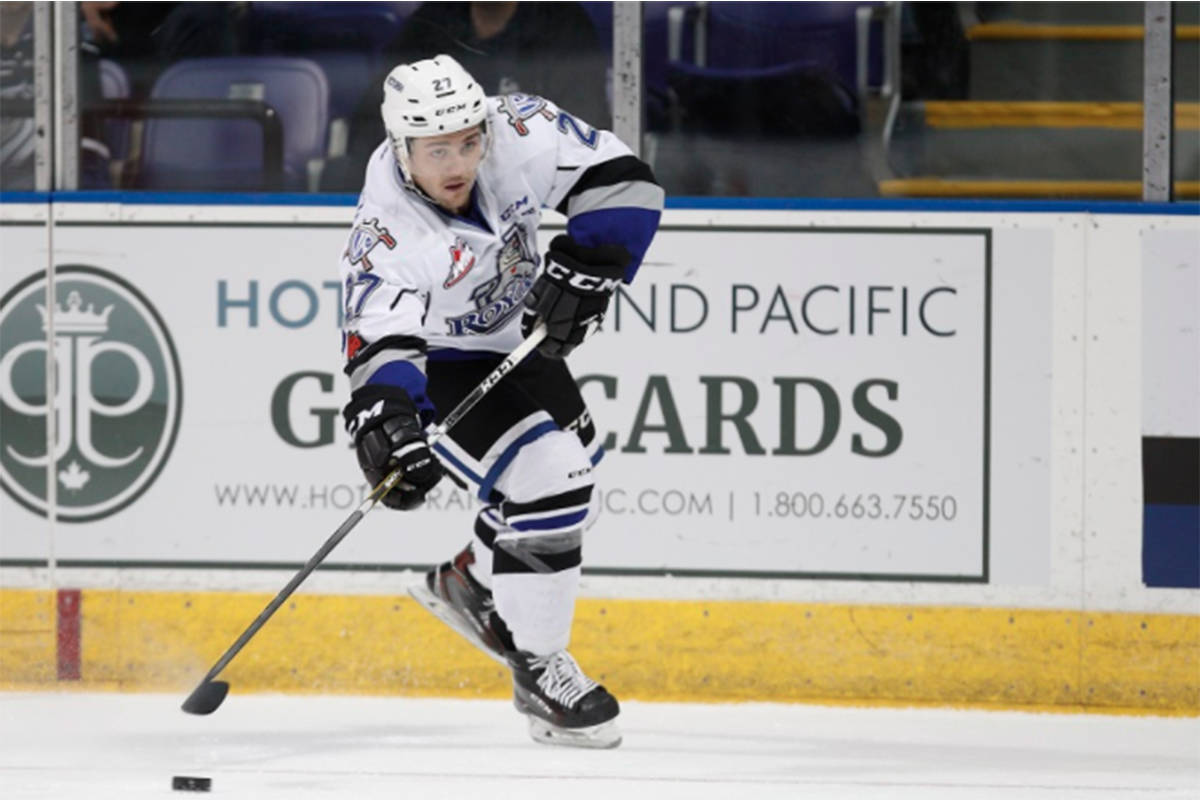 Victoria Royals defenceman Jared Freadrich looks to make a pass during Sunday’s Western Hockey League game in Prince George. Freadrich scored twice and the visitors won 5-4 in overtime. Photo courtesy Victoria Royals