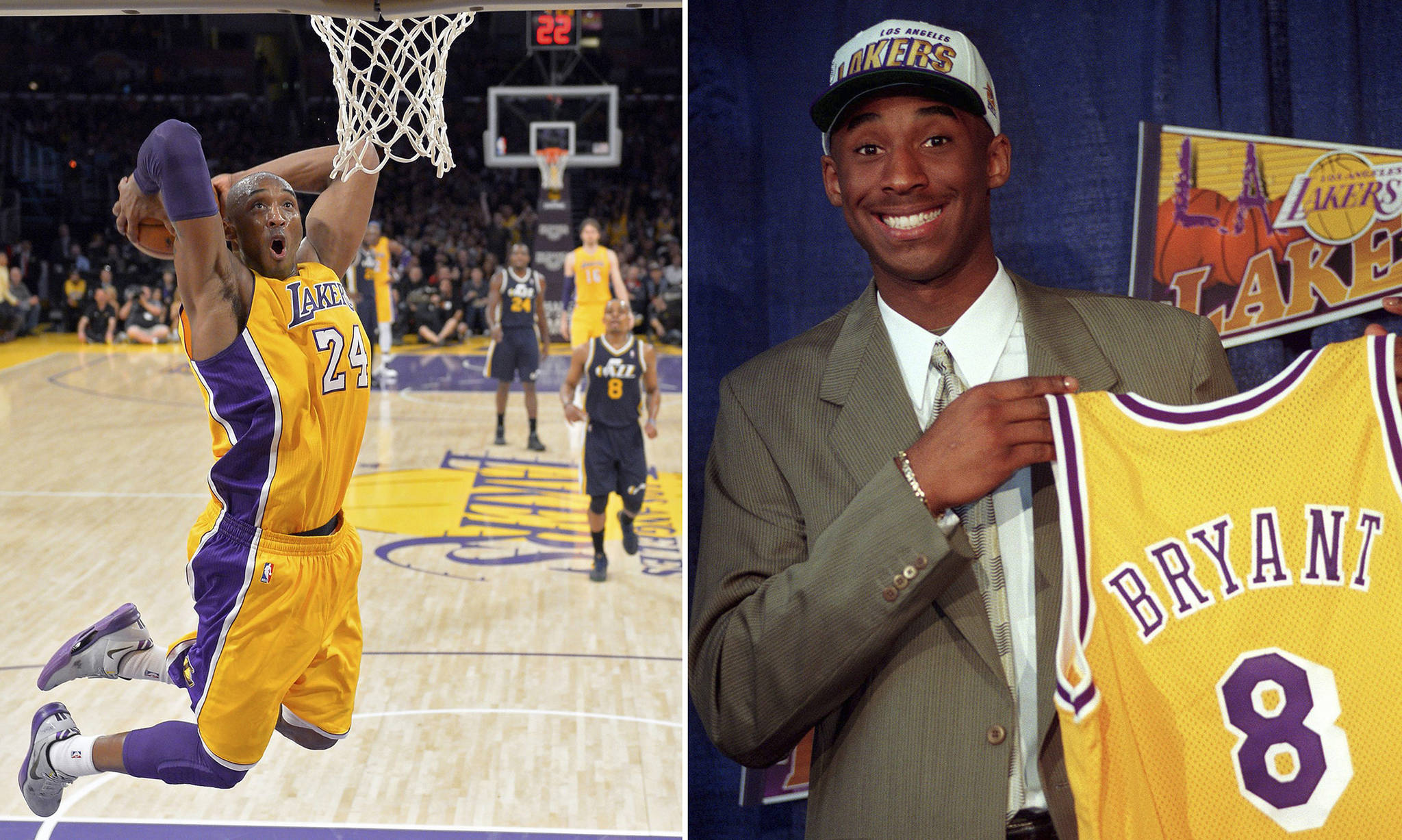 At left, in a Jan. 25, 2013, file photo, Los Angeles Lakers guard Kobe Bryant goes up for a dunk during the first half of an NBA basketball game against the Utah Jazz, in Los Angeles. At right, in a July 12, 1996, file photo, Kobe Bryant, 17, jokes with the media as he holds his Los Angeles Lakers jersey during a news conference in Inglewood, Calif. Two numbers went into the Staples Center rafters when the Los Angeles Lakers retired the jerseys of Kobe Bryant, the five-time NBA champion and top scorer in franchise history. The Lakers hung No. 8 and No. 24, representing both halves of Bryant’s storied 20-year career. (AP Photo/File)