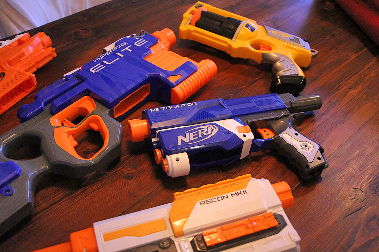 Mike Innis purchased 22 blasters on Used Victoria and Varage Sale to stack his Nerf arsenal. (Lauren Boothby/VICTORIA NEWS)