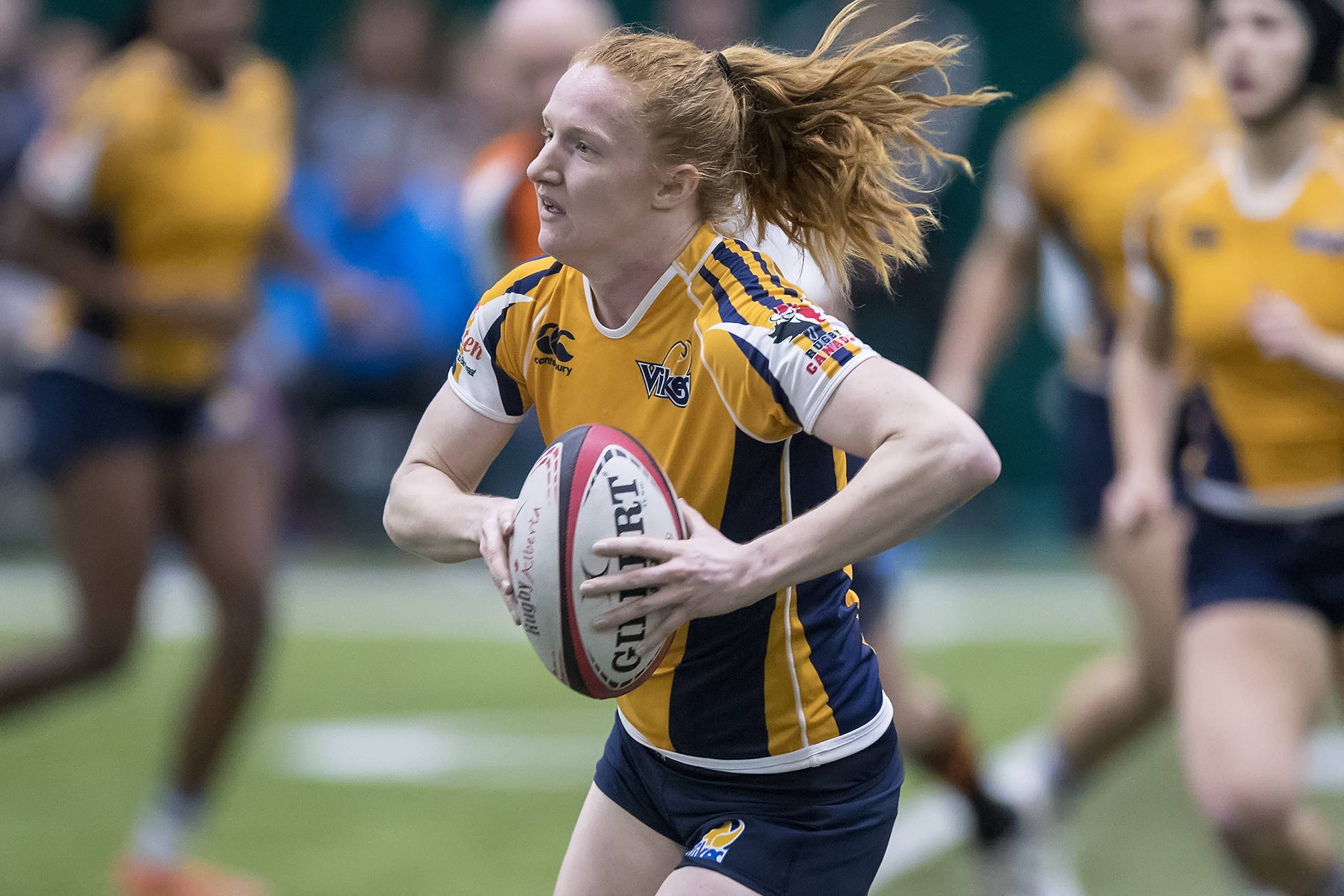 Paige Farries set a one-day record by scoring nine tries in Day One of the University of Alberta Rugby 7s Tournament on Saturday. The UVic Vikes were perfect under the dome at Foote Field in Edmonton, winning all six matches to secure the tournament victory. Photo by Don Voaklander