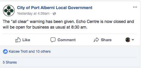 The City of Port Alberni posted to their Facebook page at 4:39 a.m. on Tuesday to let the public know the tsunami warning had been cancelled.