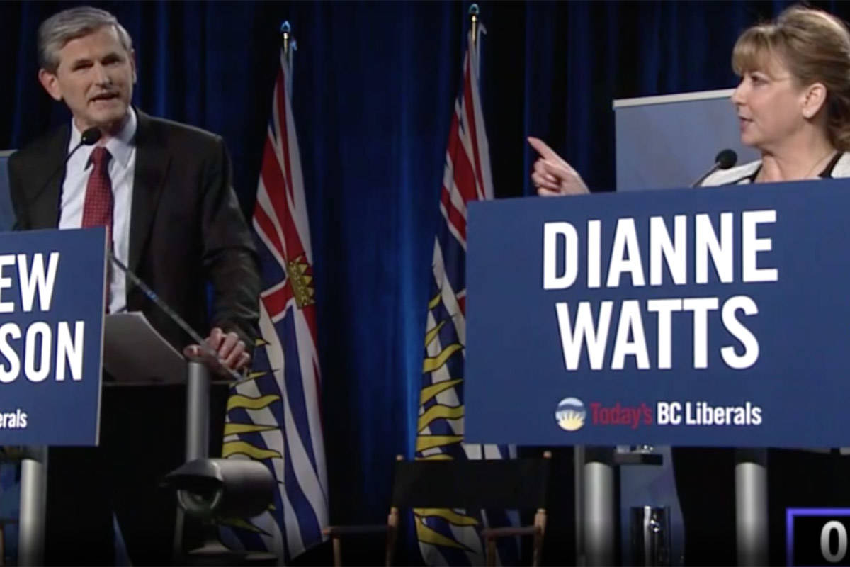 BC Liberal Party leadership candidate Dianne Watts argues with rival Andrew Wilkinson in televised debate, Tuesday, Jan. 23, 2018. (Global BC)