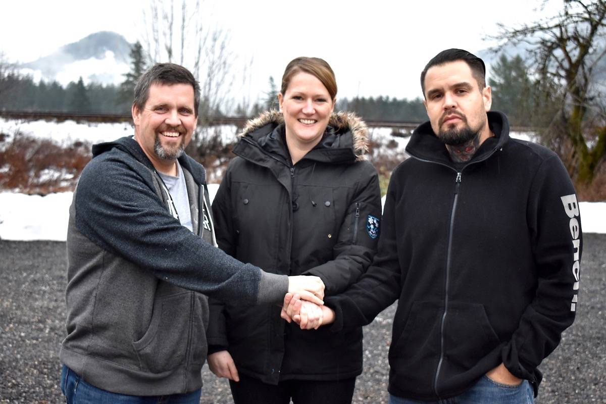 Project leaders stand on the ground which will house a childcare and community space, the first of its kind in Hope. From left are Jeff Kuhn, lead pastor at Grace Baptist Church; Jodi McBride, executive director of the Read Right Society; and Ken Hansen, Chief of the Yale First Nation. Emelie Peacock photo
