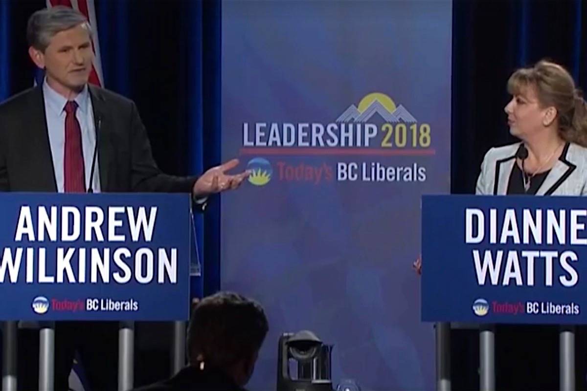 Vancouver-Quilchena MLA Andrew Wilkinson quizzes former Surrey-White Rock MP Dianne Watts on her first priorities if she wins the B.C. Liberal leadership, Jan 23, 2018. (Global TV)