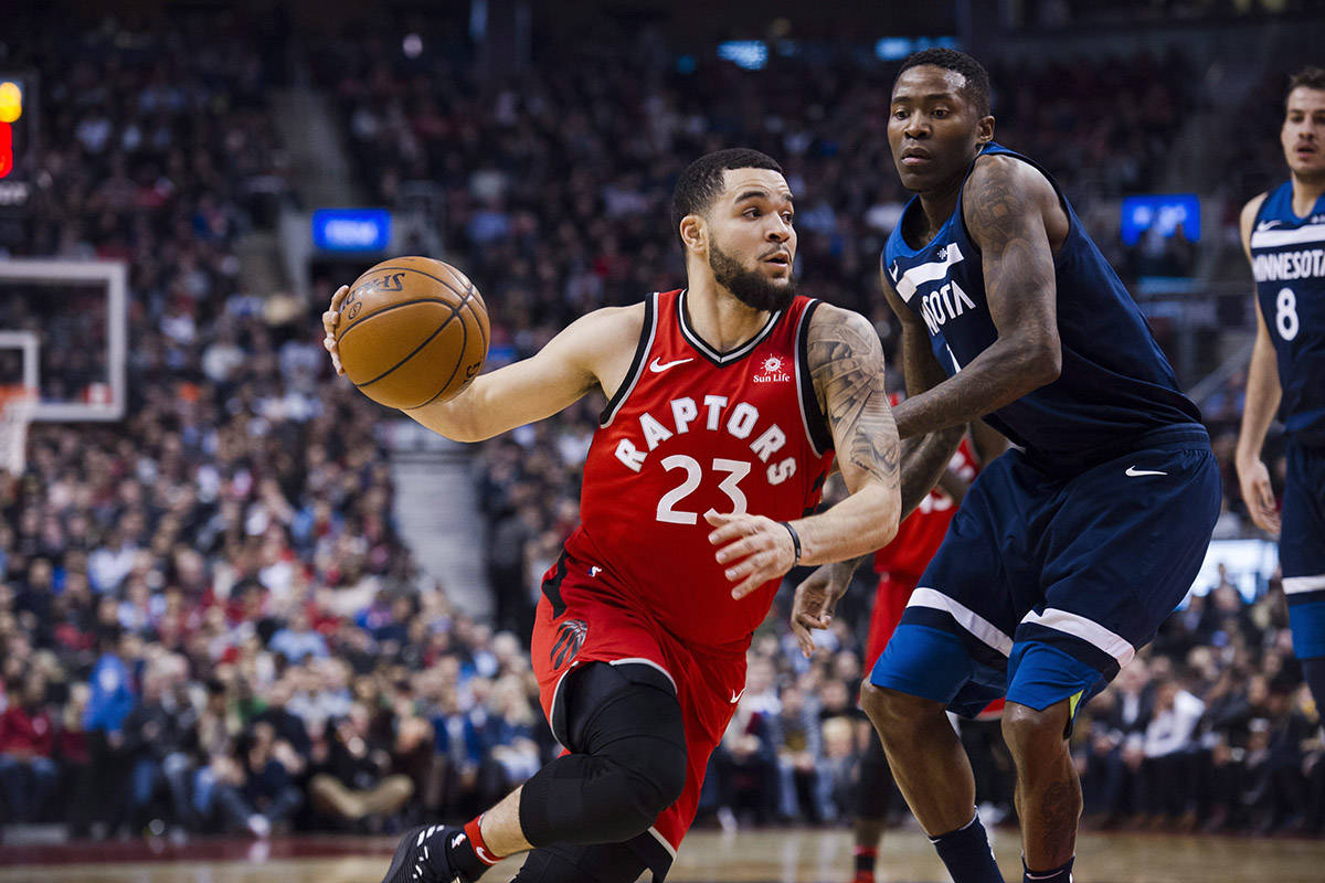 Toronto Raptors guard Fred VanVleet (23) drives to the net against the Minnesota Timberwolves during first half NBA basketball action in Toronto on Tuesday, Jan. 30, 2018. THE CANADIAN PRESS/Christopher Katsarov