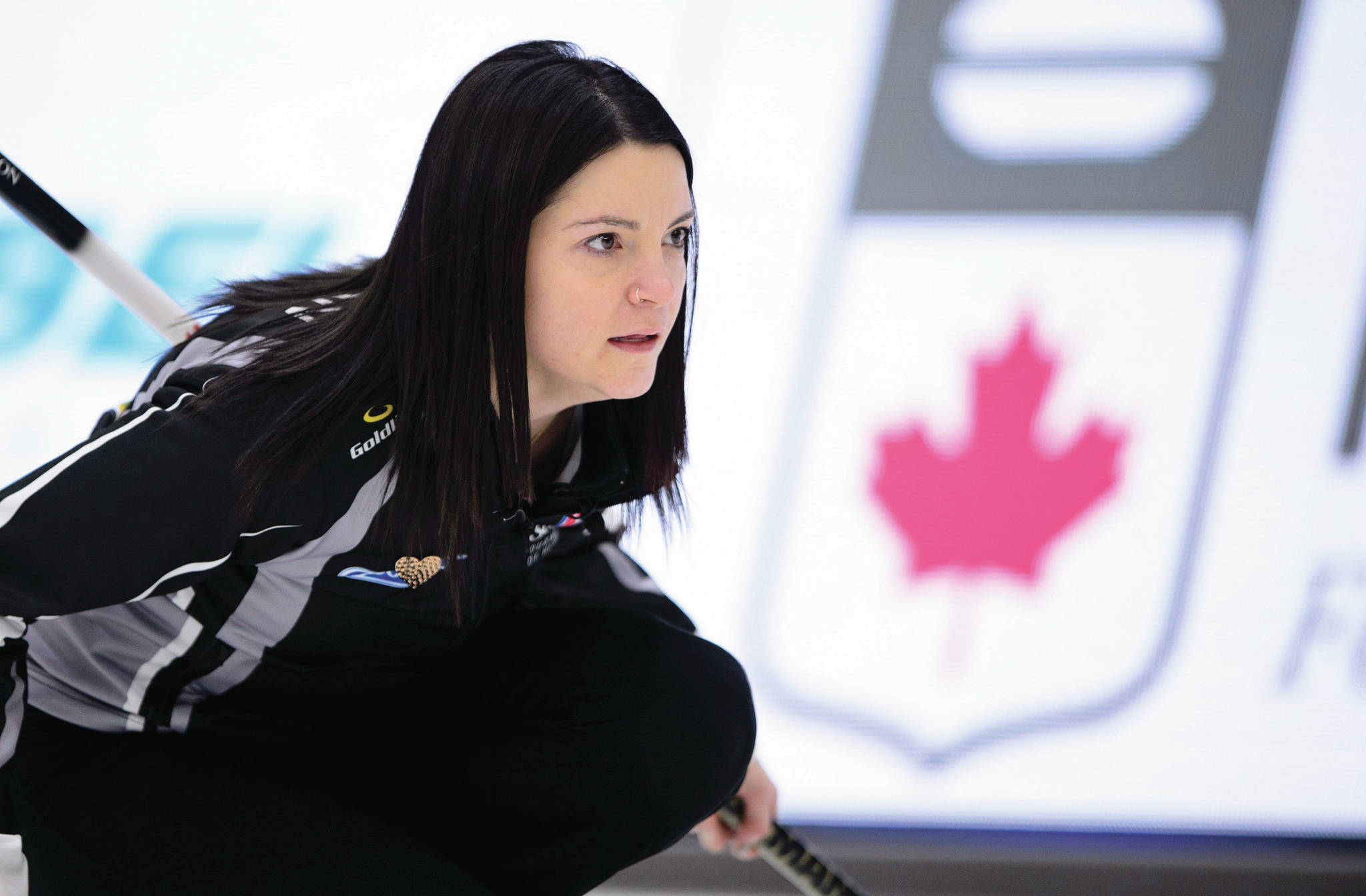 Wild Card team skip Kerri Einarson delivers the rock at the Scotties Tournament of Hearts in Penticton.                                THE CANADIAN PRESS/Sean Kilpatrick