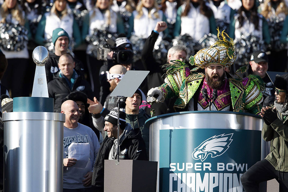 Philadelphia Eagles centre Jason Kelce speaks in front of the Philadelphia Museum of Art after a Super Bowl victory parade for the Philadelphia Eagles football team, Thursday, Feb. 8, 2018, in Philadelphia. The Eagles beat the New England Patriots 41-33 in Super Bowl 52. (AP Photo/Alex Brandon)