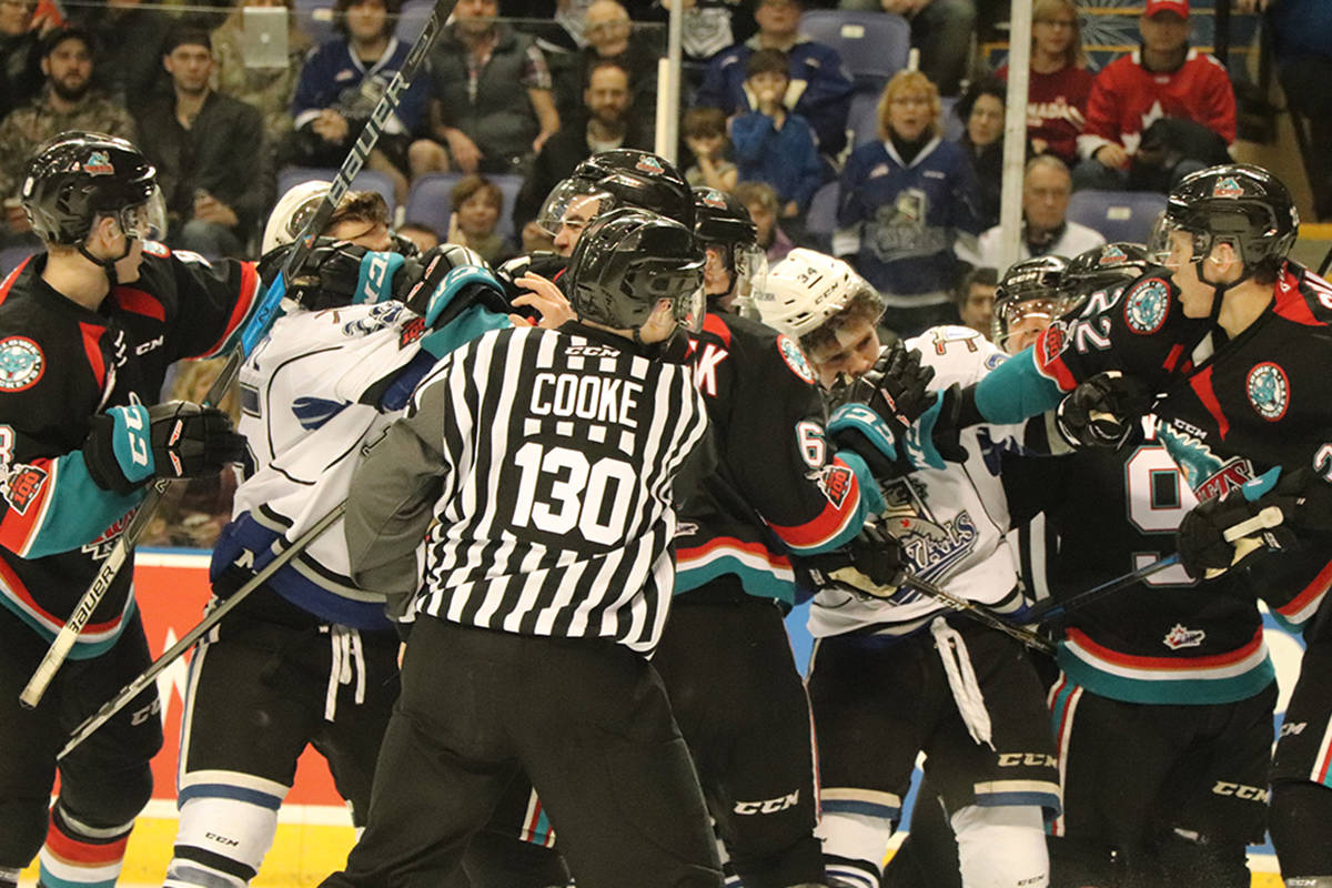 Tempers flare during third-period action between the Victoria Royals and Kelowna Rockets in Western Hockey League play at Save-On-Foods Memorial Centre. The Royals won 4-3 in overtime, following up a 6-1 win over the Rockets here the night before. Don Descoteau/Victoria News