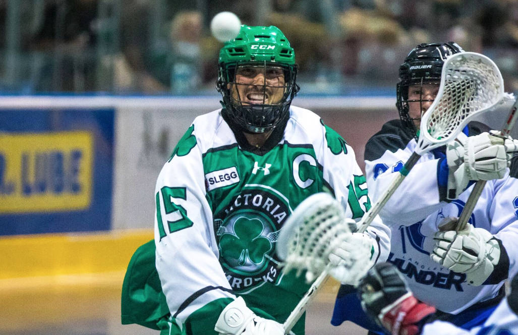 Shamrocks captain Corey Small keeps his eyes on the ball during action against the Langley Thunder at The Q Centre. (Jay Wallace/Victoria Shamrocks)