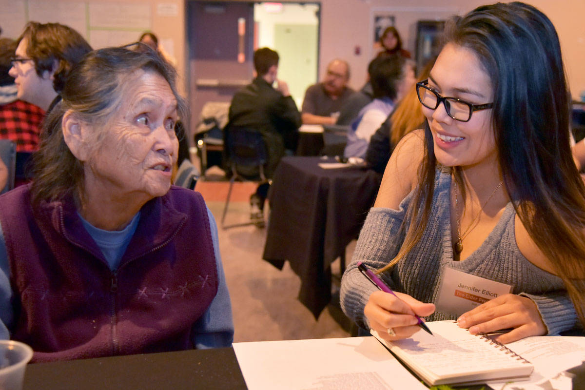 Stz’uminus First Nation elder Teresa Jack shares stories with LSS student Jennifer Elliott including how she was raised by her grandparents. Jack also discussed the impact of the two years she spent at the Kuper Island residential school as a young girl. She was taken from the beach along with her cousin and never pursued education later in life because of the trauma experienced at the institution, which was located on present-day Penelakut Island. (Mike Gregory Photo)