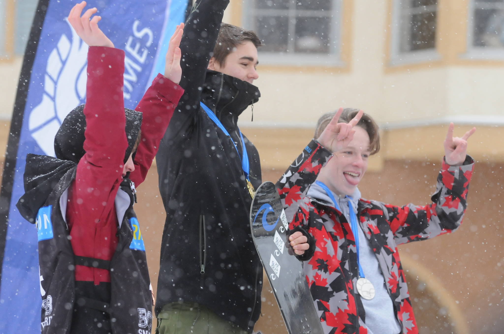 Daniel Loban (at right) celebrates his silver medal at the Kamloops 2018 B.C. Winter Games on Feb. 23. Kelowna’s Xander Appels, at left, won the bronze.                                Kristi Patton/Black Press