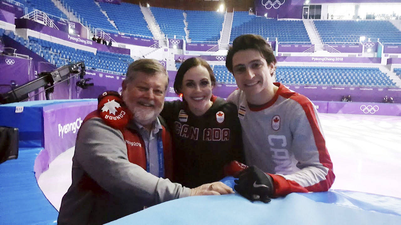 Metchosin’s Murray Anderson with Olympic gold-medal-winners Tessa Virtue and Scott Moir in Pyeongchang, South Korea. Anderson was hired to compile, organize and play music for all figure skating events at the 2018 Winter Olympics. (Contributed photo)