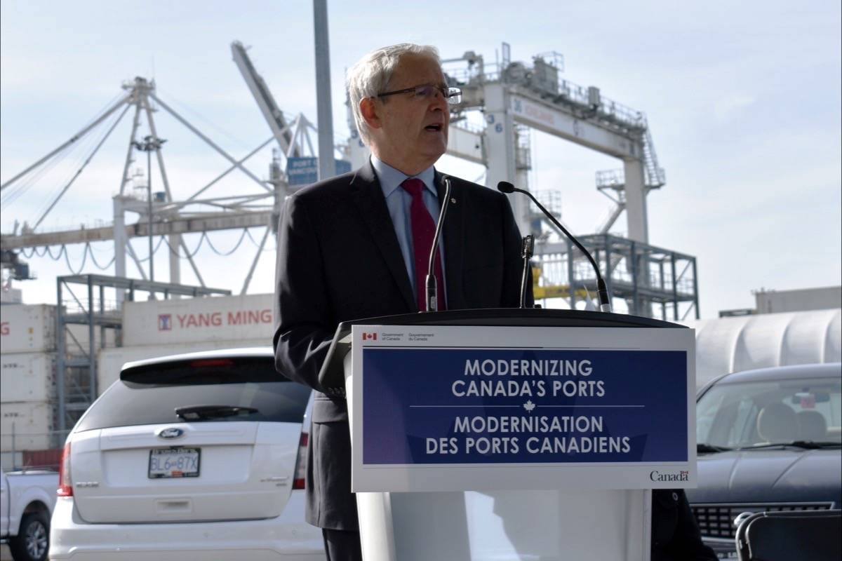 Minister of Transport Marc Garneau was in Delta on March 12 to announce the federal government will review Canada’s port authorities to “optimize their role in the transportation system as strategic assets that support inclusive and sustainable growth and trade.” Results of the review are expected in 2019. (James Smith photo)