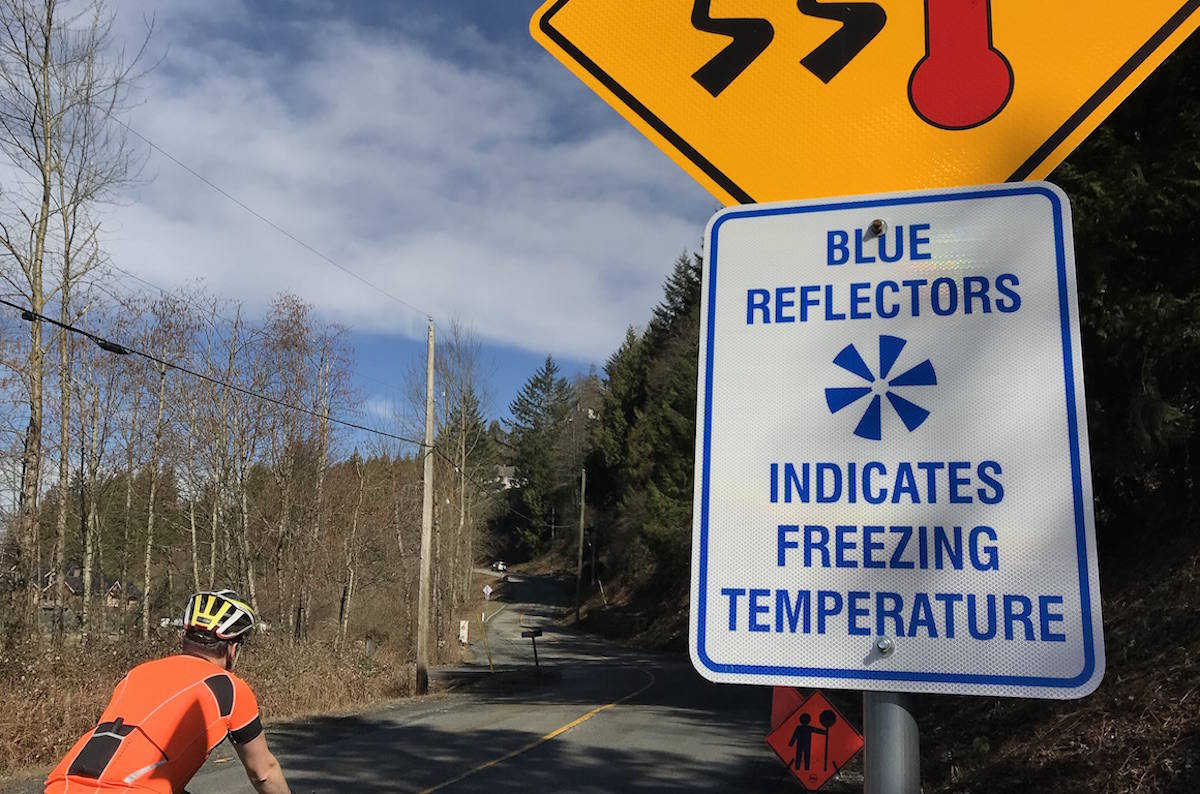 The PATeye, an LED blue light road reflector, which acts as an ice detection warning system is being tested as a pilot project at 10 sites in Chilliwack. (Jennifer Feinberg/ The Progress)