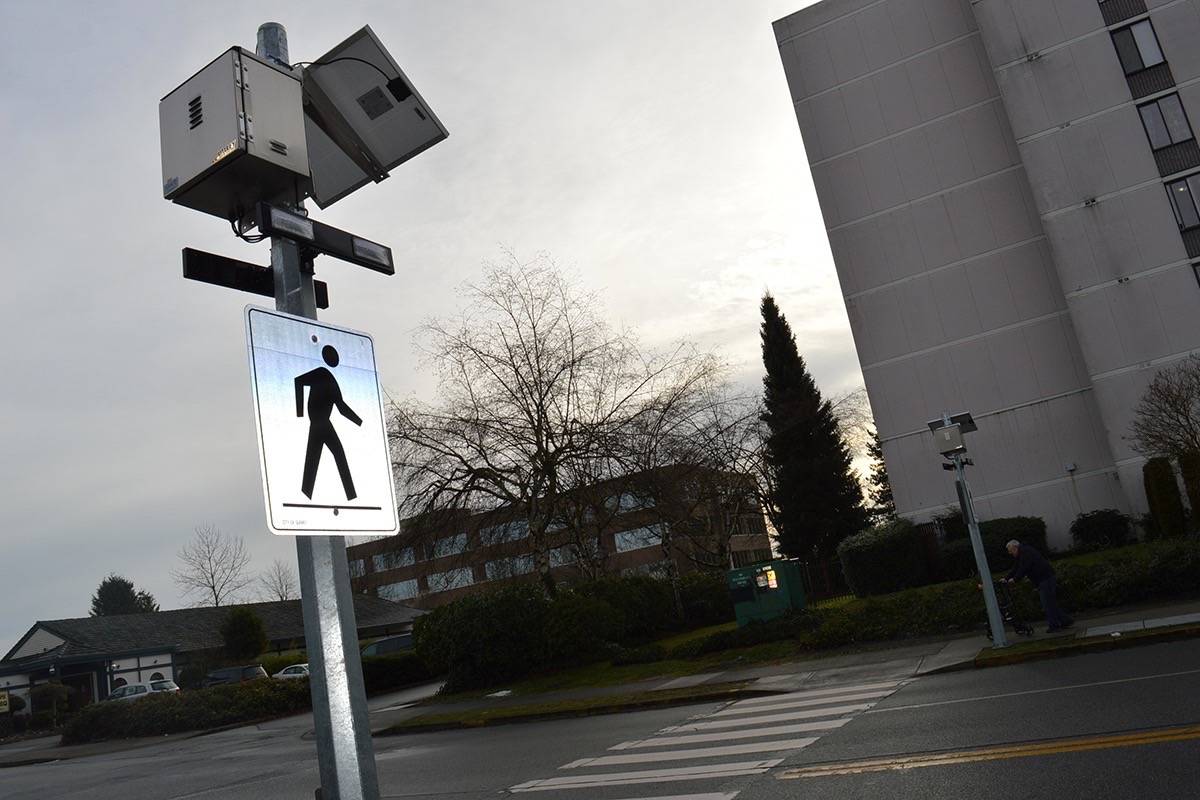 The City of Surrey has already installed 30 of these solar-powered crosswalk lights and more are on the way. (Photo: Tom Zytaruk).