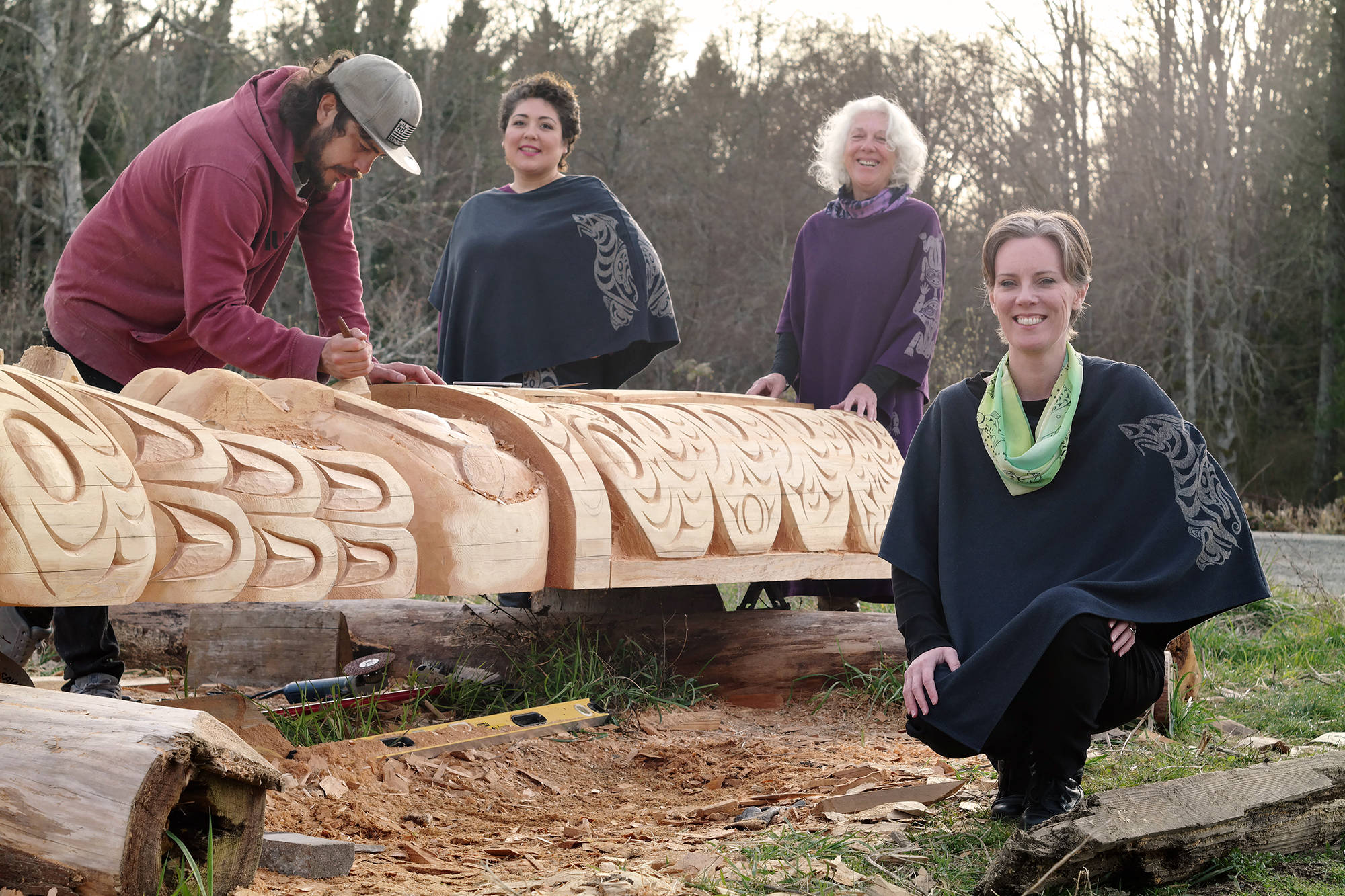 The artistic collaboration between Joel Good, Coast Salish carver, and Sophia Seward-Good, second from left, Sandra Moorhouse-Good and Aunalee Boyd-Good, of Ay Lelum-The Good House of Design, will be part of Vancouver Fashion Week. CHRIS BUSH/The News Bulletin