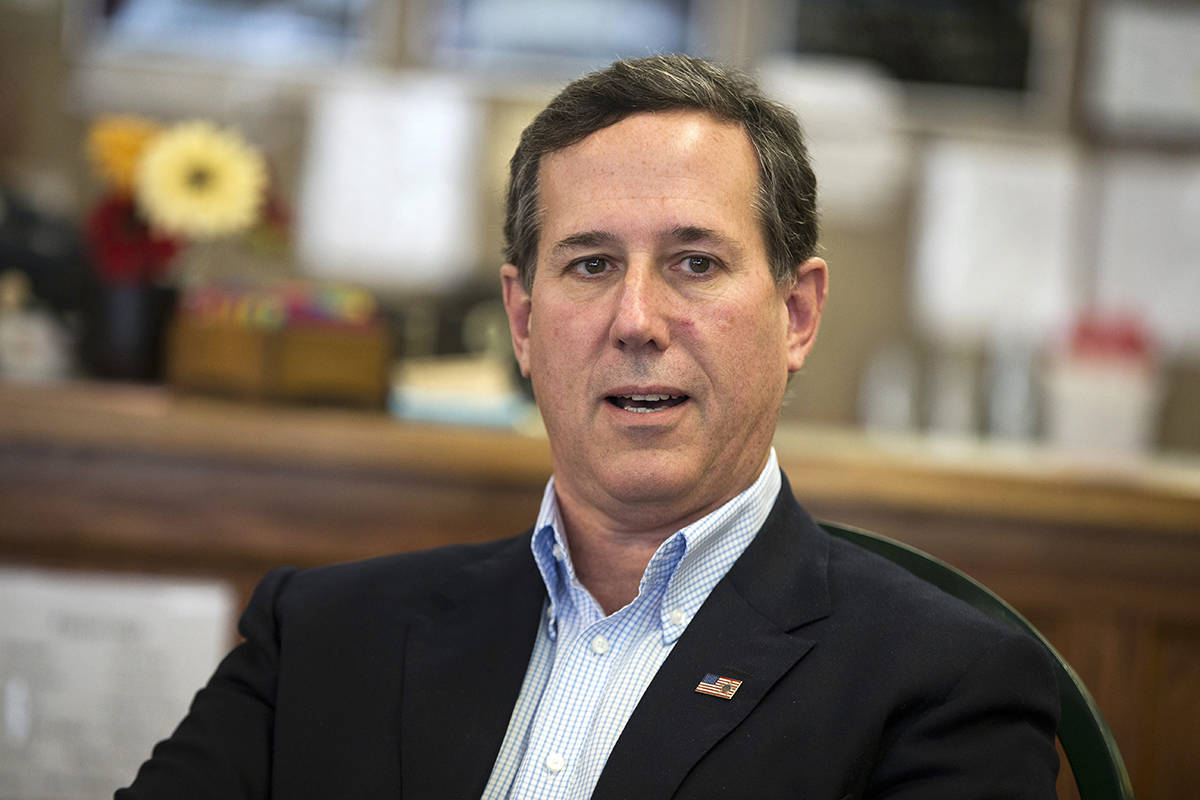 In this Jan. 19, 2016, file photo, former Pennsylvania Sen. Rick Santorum meets with voters in Greenfield, Iowa. On Sunday, March 25, 2018, Santorum said students who are rallying for gun control should instead learn CPR to help protect their classmates during a school shooting. (AP Photo/Evan Vucci, File)