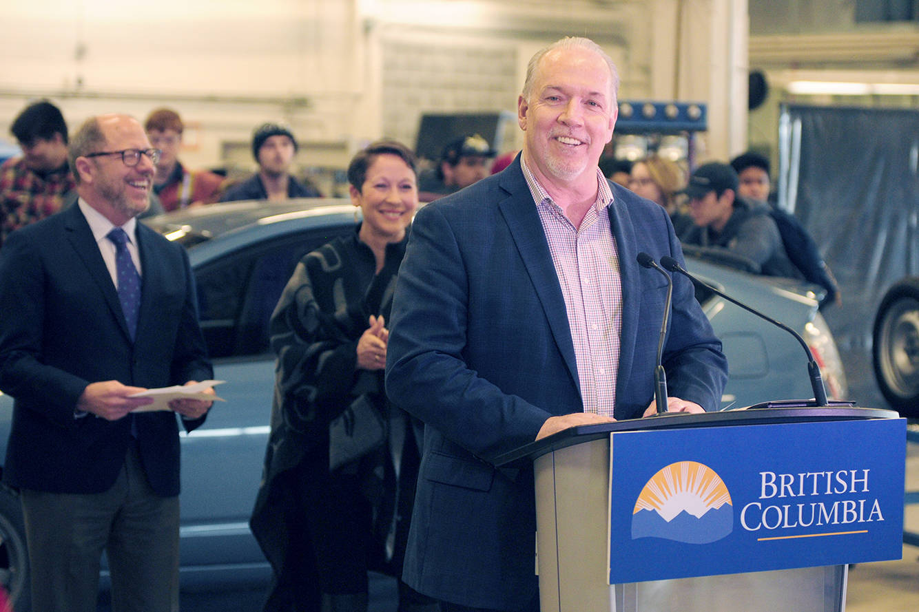 Premier John Horgan, joined by minister of advanced education, skills and training, Melanie Mark, and Northwest Community College president Ken Burt, announces $5.4 million in industry-standard training equipment for trades and tech students in 15 public post-secondary schools in B.C. Horgan made the announcement March 27 at NWCC’s Terrace Campus. (Quinn Bender photo)