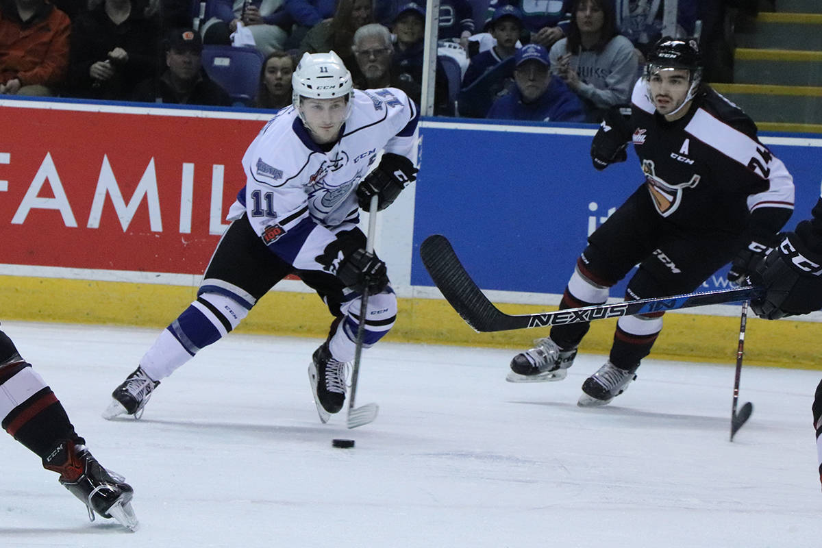 Matthew Phillips and the Victoria Royals are on the ropes in the Western Hockey League playoffs, after suffering a 5-3 loss to Vancouver in game 5 on Saturday night at Save-On-Foods Memorial Centre. Game 6 goes Monday afternoon in Langley, with game 7, if necessary, back in Victoria on Tuesday night. Don Descoteau/Victoria News