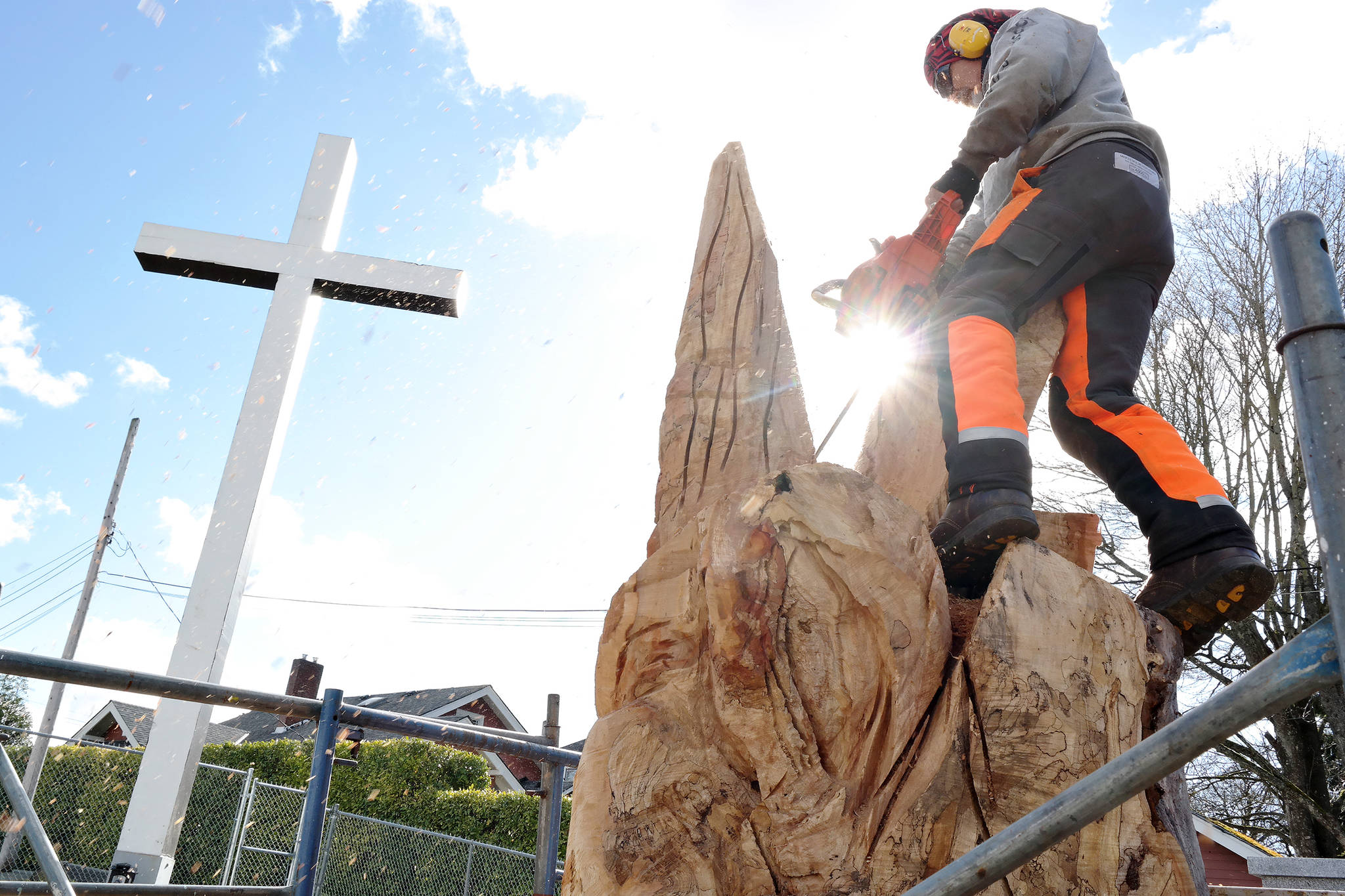 Nanaimo woodcarver Dan Richey uses his chainsaw Monday morning to rough out the wings and face of an angel sculpture that he is carving from the trunk of a maple tree in the St. Peter’s Roman Catholic Church cemetery. Richey plans to feature two angels in the carving with a small angel resting on the knee of a larger angel, watching over the burial grounds.                                (CHRIS BUSH/The News Bulletin)