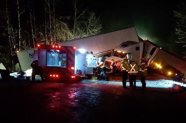 File photo. Hope Search and Rescue reported four semi-trucks, four buses and 11 private vehicles were involved in a crash on the Coquihalla highway in February 2018. Hope Search and Rescue photo