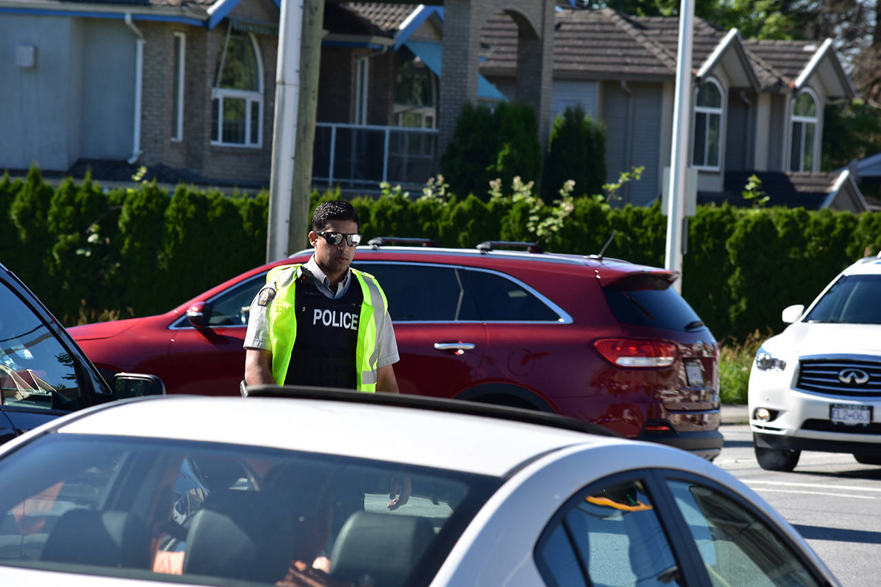 Surrey RCMP on the scene of vehicle crash in Cloverdale, B.C. (Grace Kennedy photo)