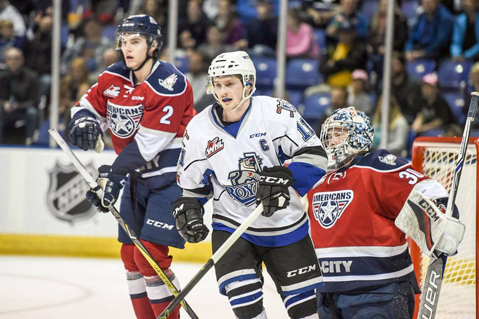Matthew Phillips (11) and the Victoria Royals can avoid a sweep against the Tri City Americans in Kennewick, Wash. with a win in game 4 on Wednesday night. The Americans took a 3-0 series lead Tuesday with a 6-5 home-ice victory. Spencer Pickles/Black Press
