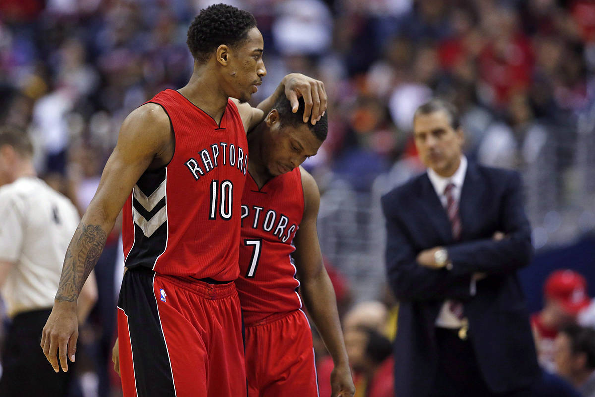 Toronto Raptors guards DeMar DeRozan (10) and Kyle Lowry (7) walk to the bench in the second half of Game 4 in the first round of the NBA basketball playoffs against the Washington Wizards, Sunday, April 26, 2015, in Washington. The Wizards won 125-94 to complete the first sweep of a seven-game series in club history, and advancing them to the second-round. The Toronto Raptors can exorcise some post-season demons when they face the Washington Wizards in the opening round. The Wizards are responsible for one of the Raptors’ most humiliating post-season performances, dispatching them in four games in the first round in 2015. THE CANADIAN PRESS/AP/Alex Brandon
