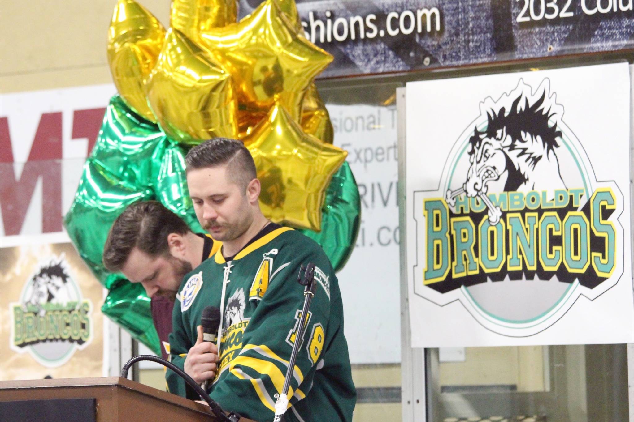 Humboldt Broncos alum Ashton McLeod pauses to compose himself during remarks at the vigil. (John K. White/Castlegar News)