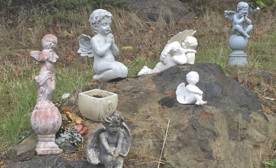 Several angels and crosses were stolen from a memorial that Yannick Aubin had placed for her son outside Slegg Lumber on Sooke Road in Langford. (Yannick Aubin photo)