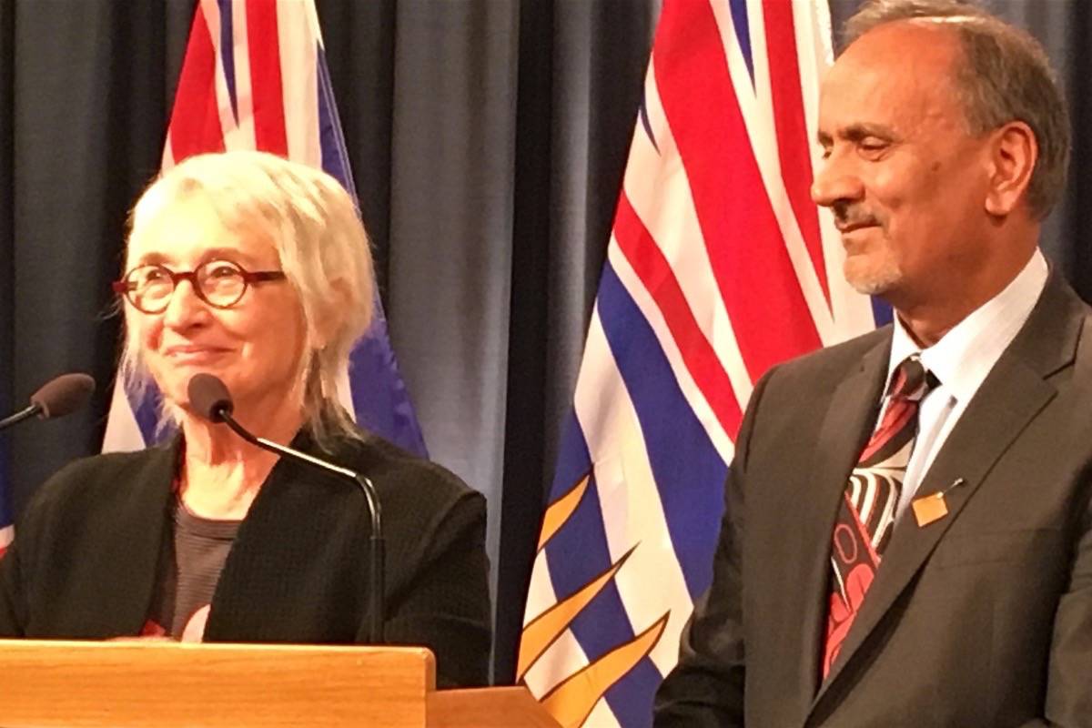 Marjorie Griffin Cohen is introduced as chair of B.C.’s Fair Wages Commission by Labour Minister Harry Bains, B.C. legislature, Oct. 5, 2017. The retired economist is the founder of the Canadian Centre for Policy Alternatives, a reliably union-friendly think tank. (Tom Fletcher/Black Press)