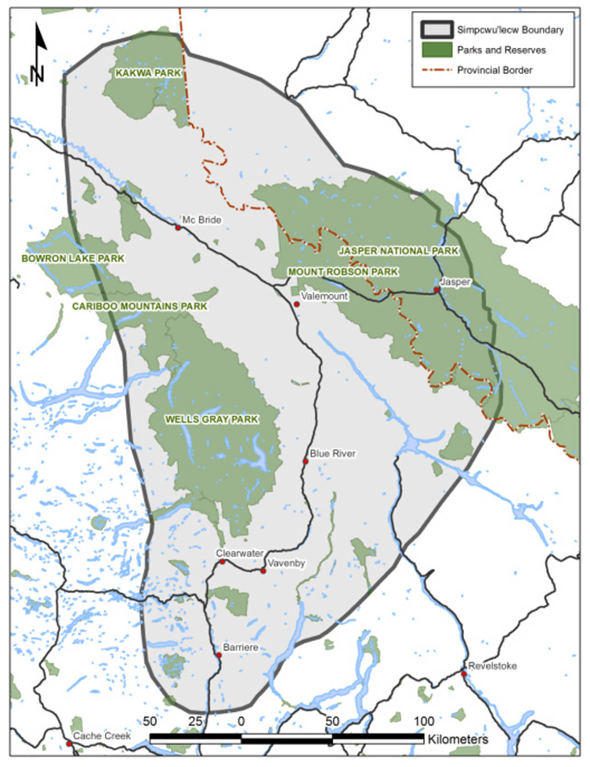 Map shows Simpcw First Nation’s traditional territory extending north past McBride and east into what is now Jasper National Park. Simpcw First Nation graphic